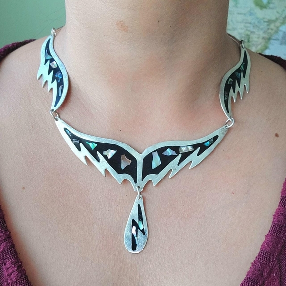 Vintage Mexican Alpaca Silver Abalone Shell Ornate Bib Necklace - Picture 3 of 16